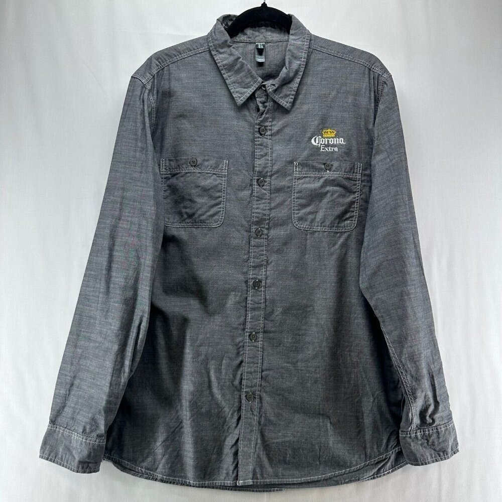 District Made Shirt Mens L Corona Extra Beer Chambray Button Up Long Sleeve Gray
